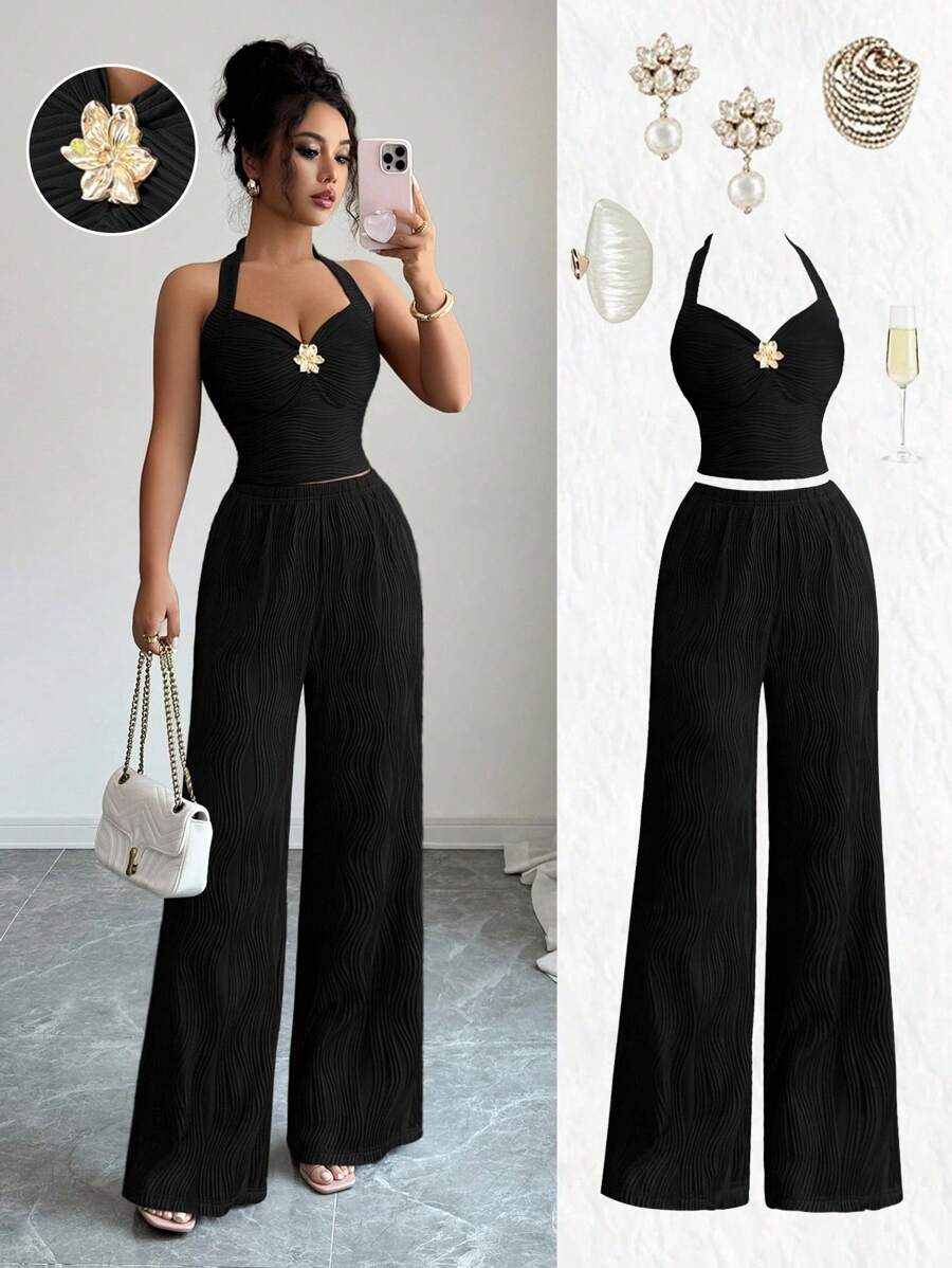 Ženski set  Metalni Cvietni Dekor Crop Top  + pantalone