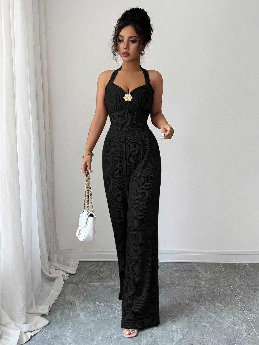 Ženski set  Metalni Cvietni Dekor Crop Top  + pantalone