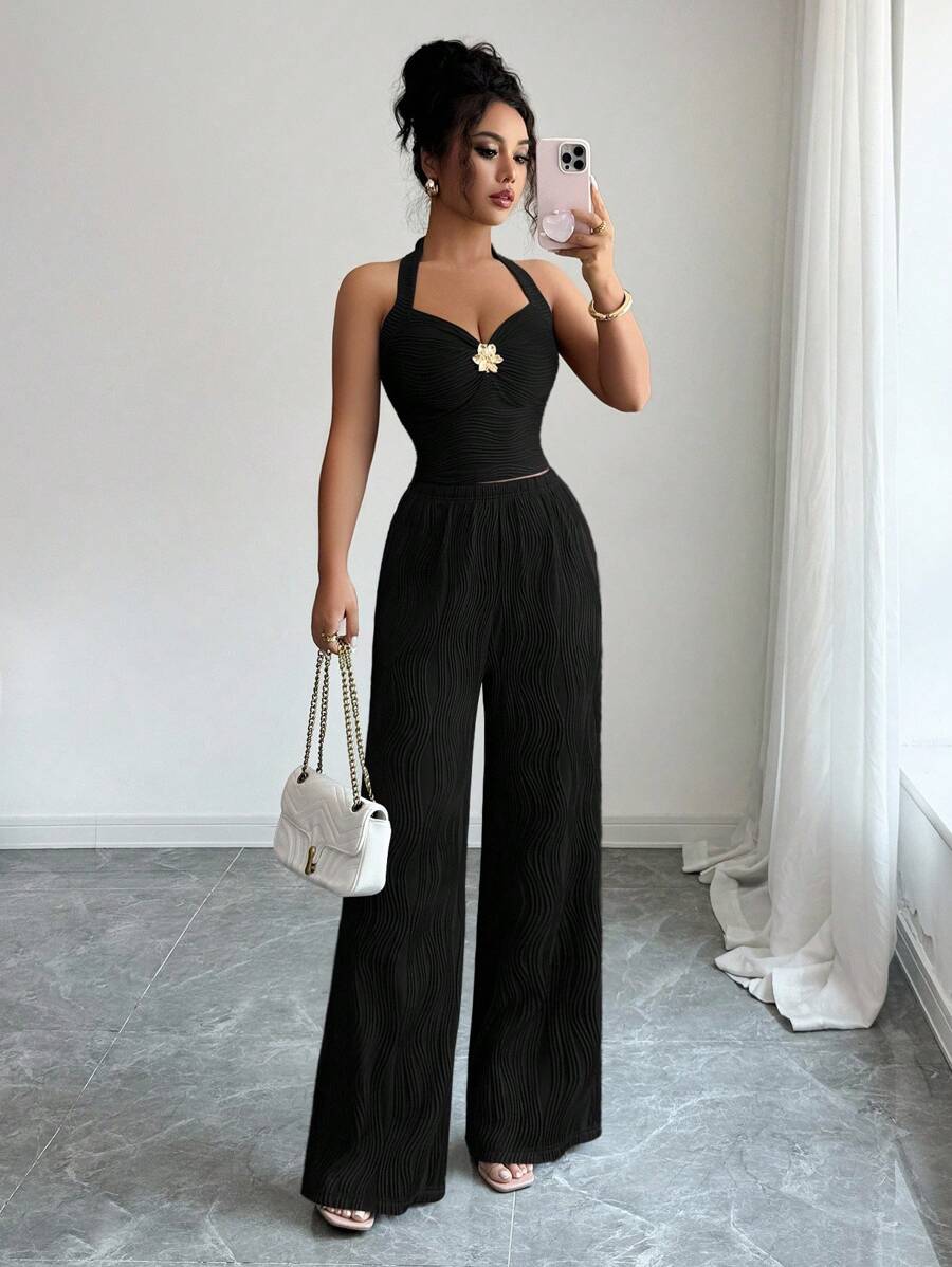 Ženski set  Metalni Cvietni Dekor Crop Top  + pantalone