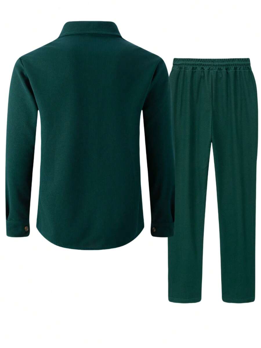 Muški set od 2 komada, ležerna jednobojna košulja sa kragnom + duge pantalone