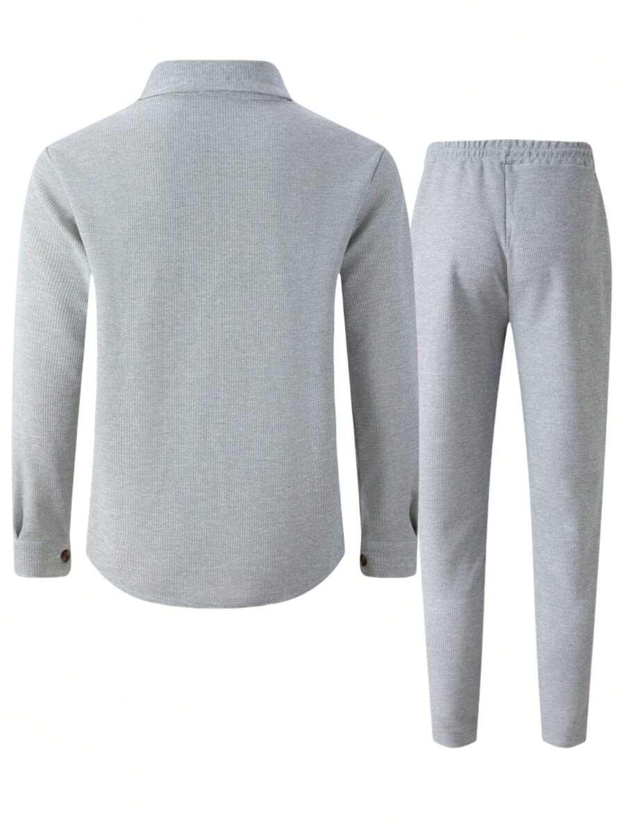 Muški set od 2 komada, ležerna jednobojna košulja sa kragnom + duge pantalone