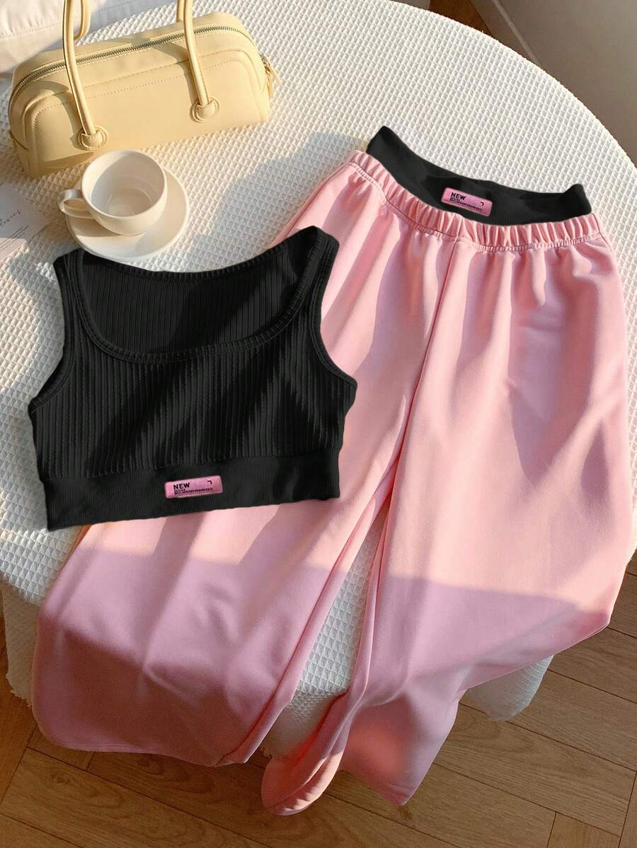 2kom/Set Ženska majica sa printom i kontrastne boje pantalone
