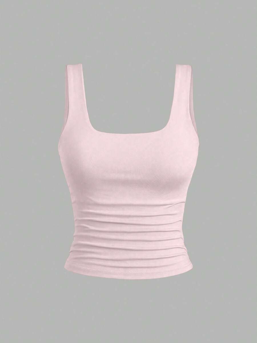 Sweetra Ženska Letnja Majica – Kvadratni Izrez, Nabran Slim Fit Casual Top