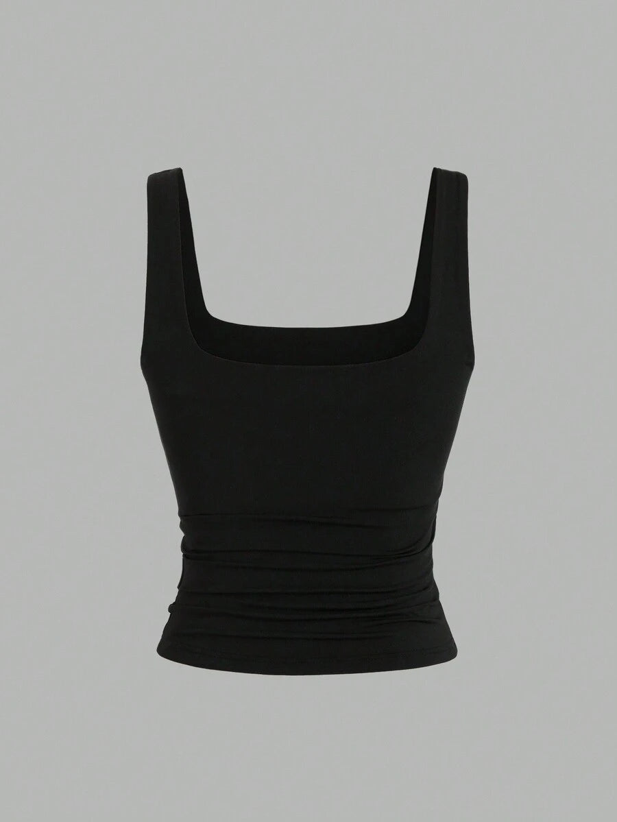 Sweetra Ženska Letnja Majica – Kvadratni Izrez, Nabran Slim Fit Casual Top