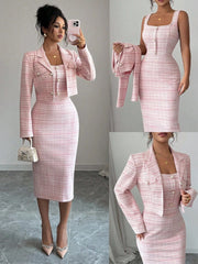 Tweed odelo od 2 dela: elegantna sako jakna  + uska haljina bez rukava