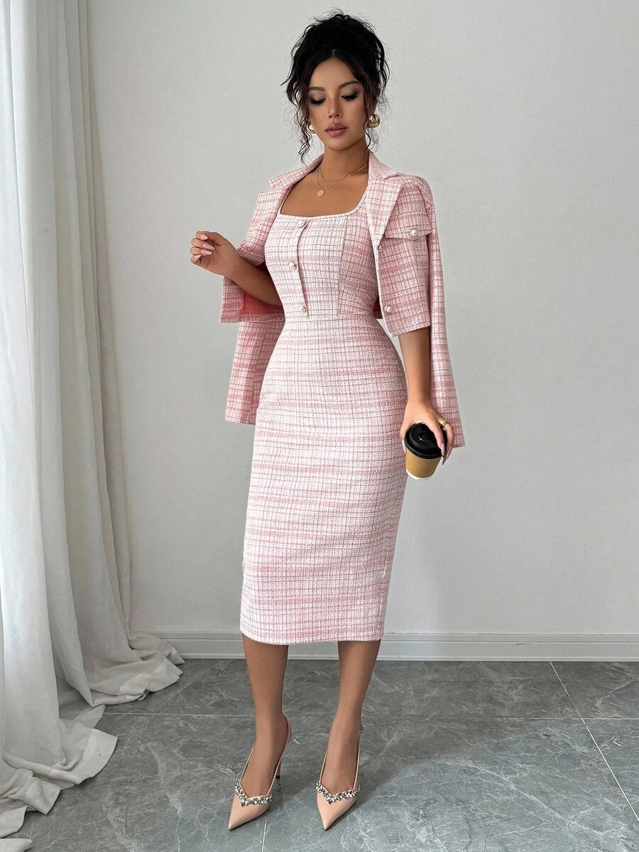 Tweed odelo od 2 dela: elegantna sako jakna  + uska haljina bez rukava