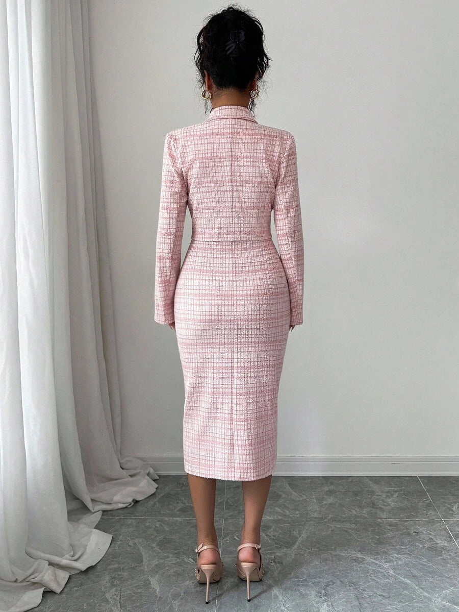 Tweed odelo od 2 dela: elegantna sako jakna  + uska haljina bez rukava