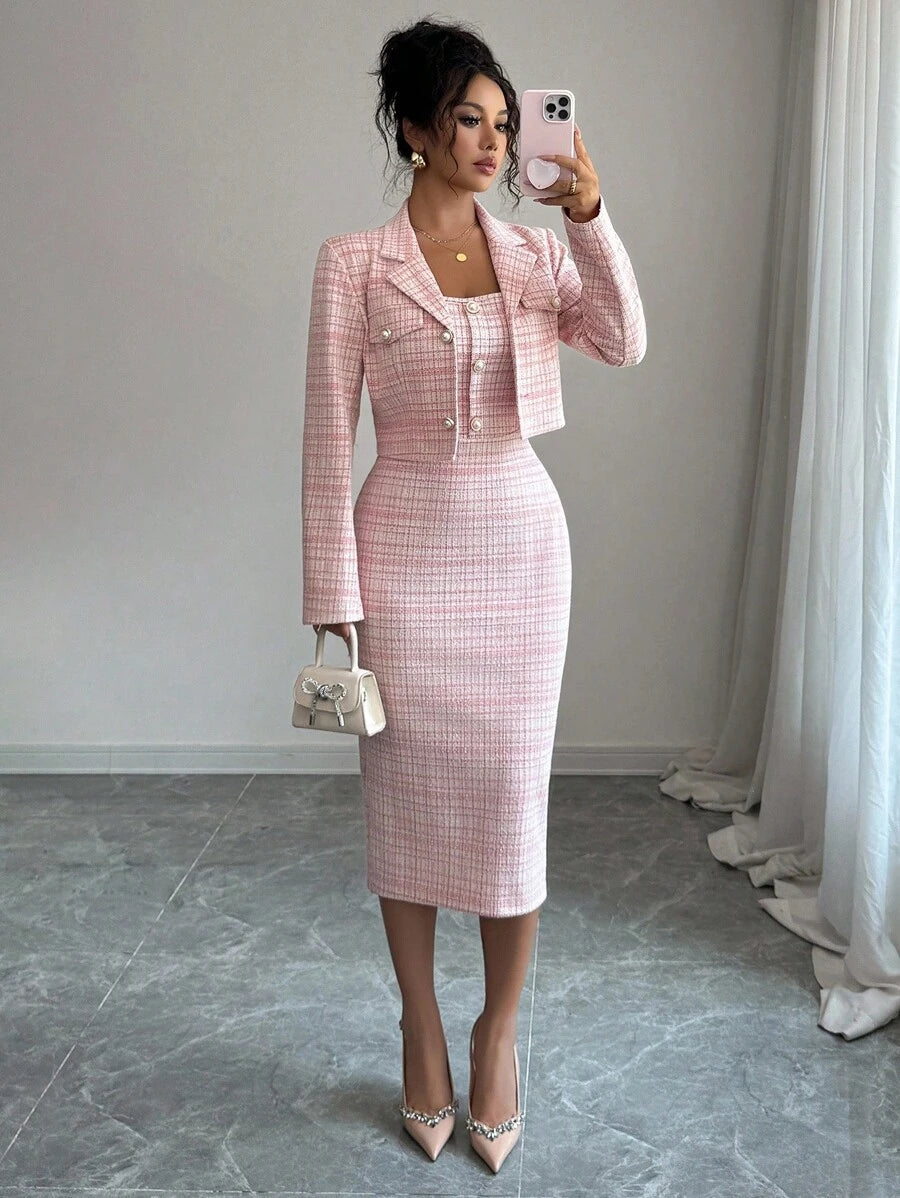 Tweed odelo od 2 dela: elegantna sako jakna  + uska haljina bez rukava