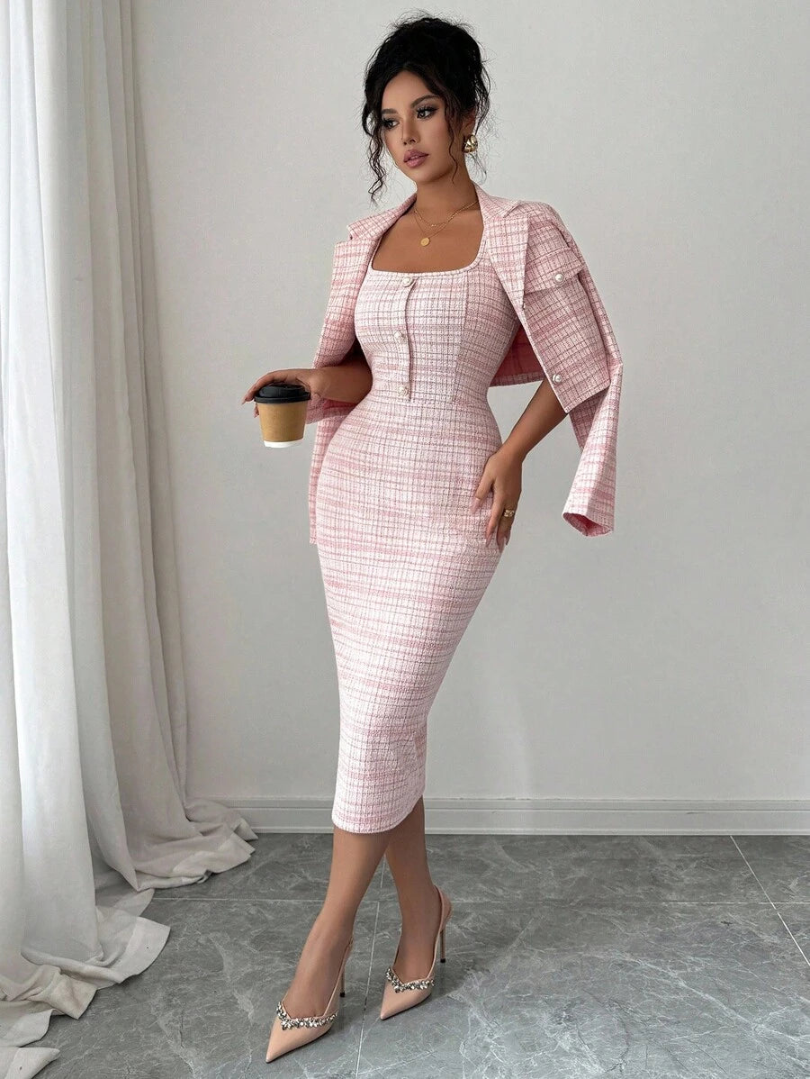 Tweed odelo od 2 dela: elegantna sako jakna  + uska haljina bez rukava