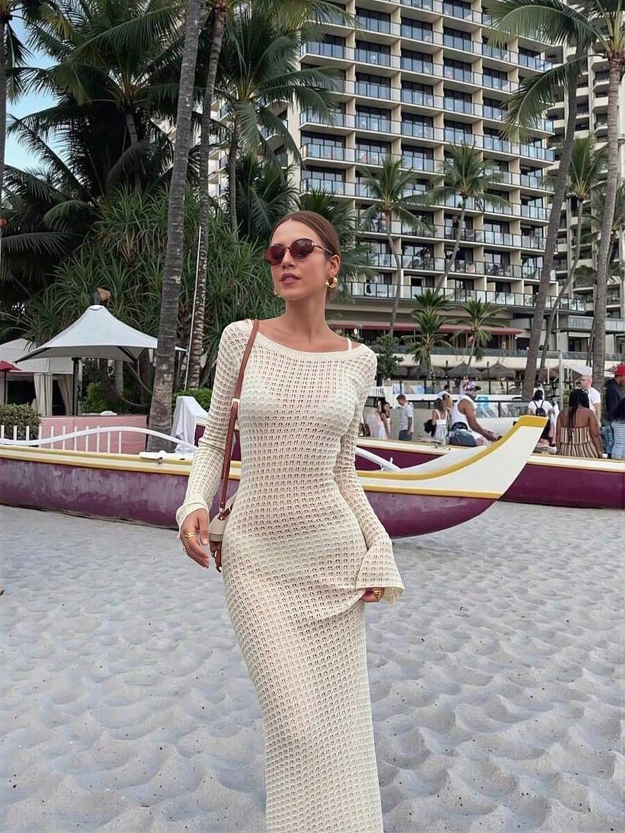 Ženska jednobojna duga pletena haljina, seksi bez leđa dizajn za odmor na plaži