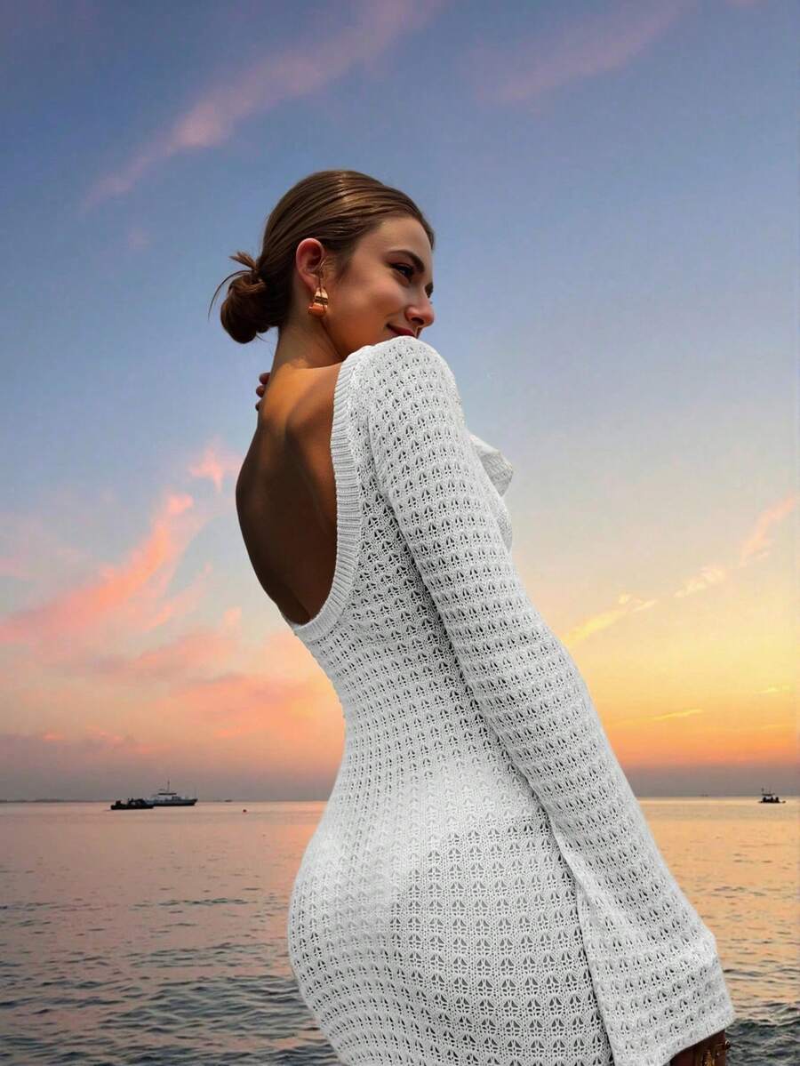 Ženska jednobojna duga pletena haljina, seksi bez leđa dizajn za odmor na plaži