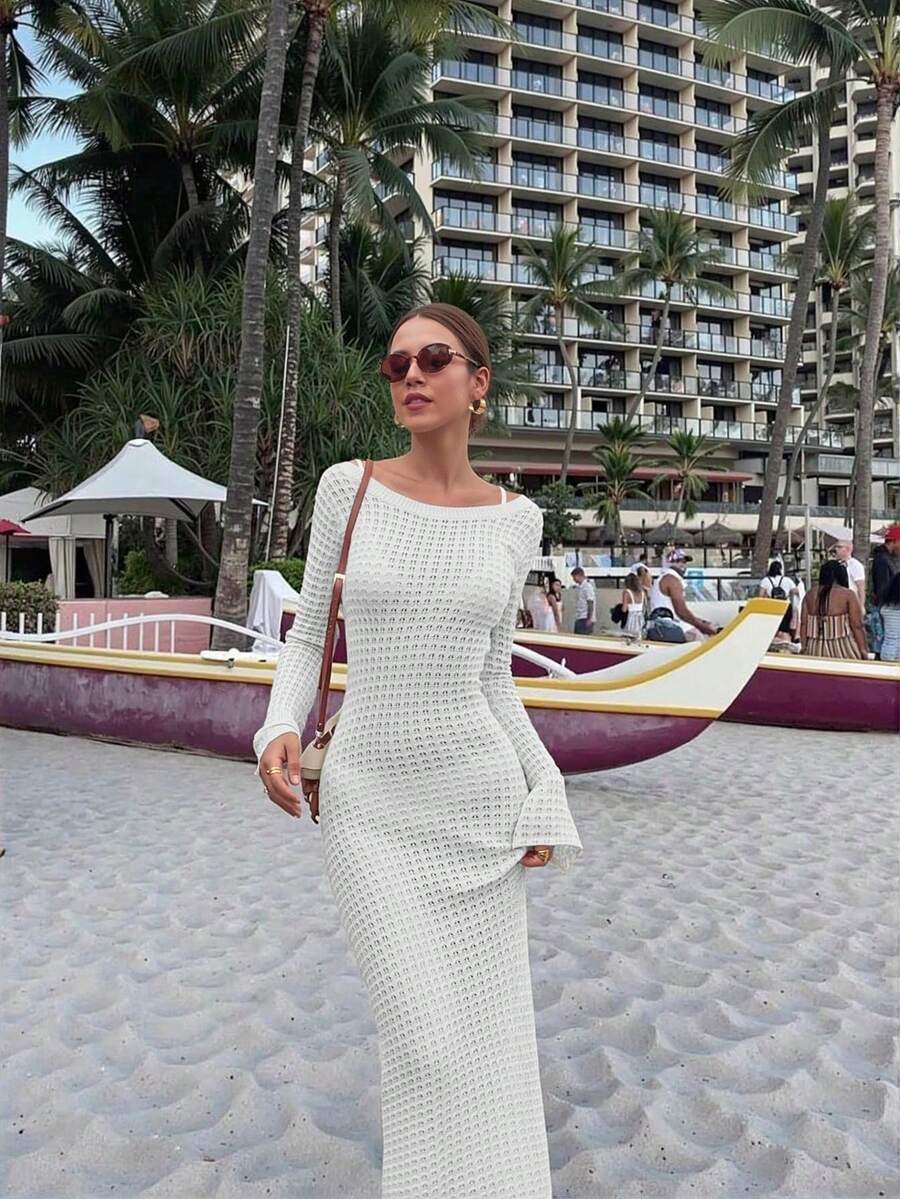 Ženska jednobojna duga pletena haljina, seksi bez leđa dizajn za odmor na plaži
