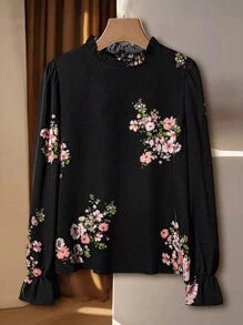 Editum 1pc Women Elegant Floral Print Ruffle Collar Long Sleeve Blouse