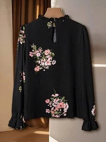 Editum 1pc Women Elegant Floral Print Ruffle Collar Long Sleeve Blouse