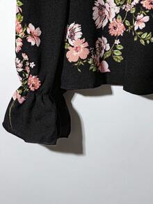 Editum 1pc Women Elegant Floral Print Ruffle Collar Long Sleeve Blouse