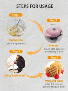 SCISHARE 1pc 350W Wall Plug-In 4-Inch Mini Waffle Maker, Suitable For Single Serving, Making Panini, Hash Browns And Other Portable Breakfast, Lunch Or Snacks, Easy To Clean, Non-Stick Coating, Pink Heart Pattern