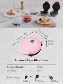 SCISHARE 1pc 350W Wall Plug-In 4-Inch Mini Waffle Maker, Suitable For Single Serving, Making Panini, Hash Browns And Other Portable Breakfast, Lunch Or Snacks, Easy To Clean, Non-Stick Coating, Pink Heart Pattern