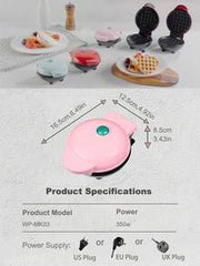 SCISHARE 1pc 350W Wall Plug-In 4-Inch Mini Waffle Maker, Suitable For Single Serving, Making Panini, Hash Browns And Other Portable Breakfast, Lunch Or Snacks, Easy To Clean, Non-Stick Coating, Pink Heart Pattern