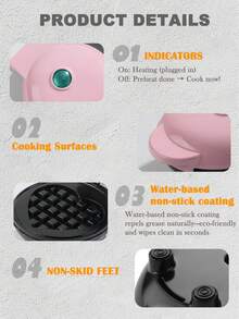 SCISHARE 1pc 350W Wall Plug-In 4-Inch Mini Waffle Maker, Suitable For Single Serving, Making Panini, Hash Browns And Other Portable Breakfast, Lunch Or Snacks, Easy To Clean, Non-Stick Coating, Pink Heart Pattern