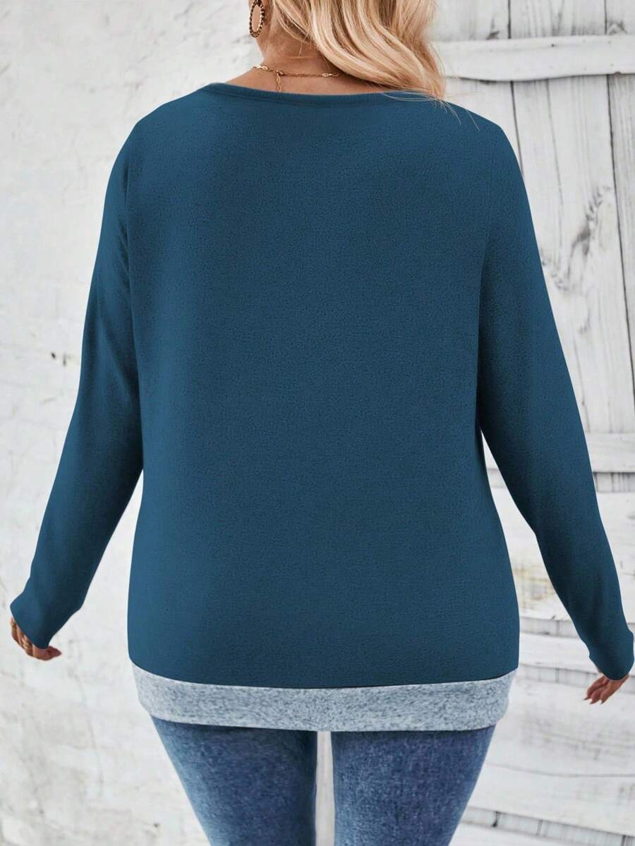 Ženska ležerna majica dugih rukava plus size sa ukrasnim dugmićima i kontrastnim rubom