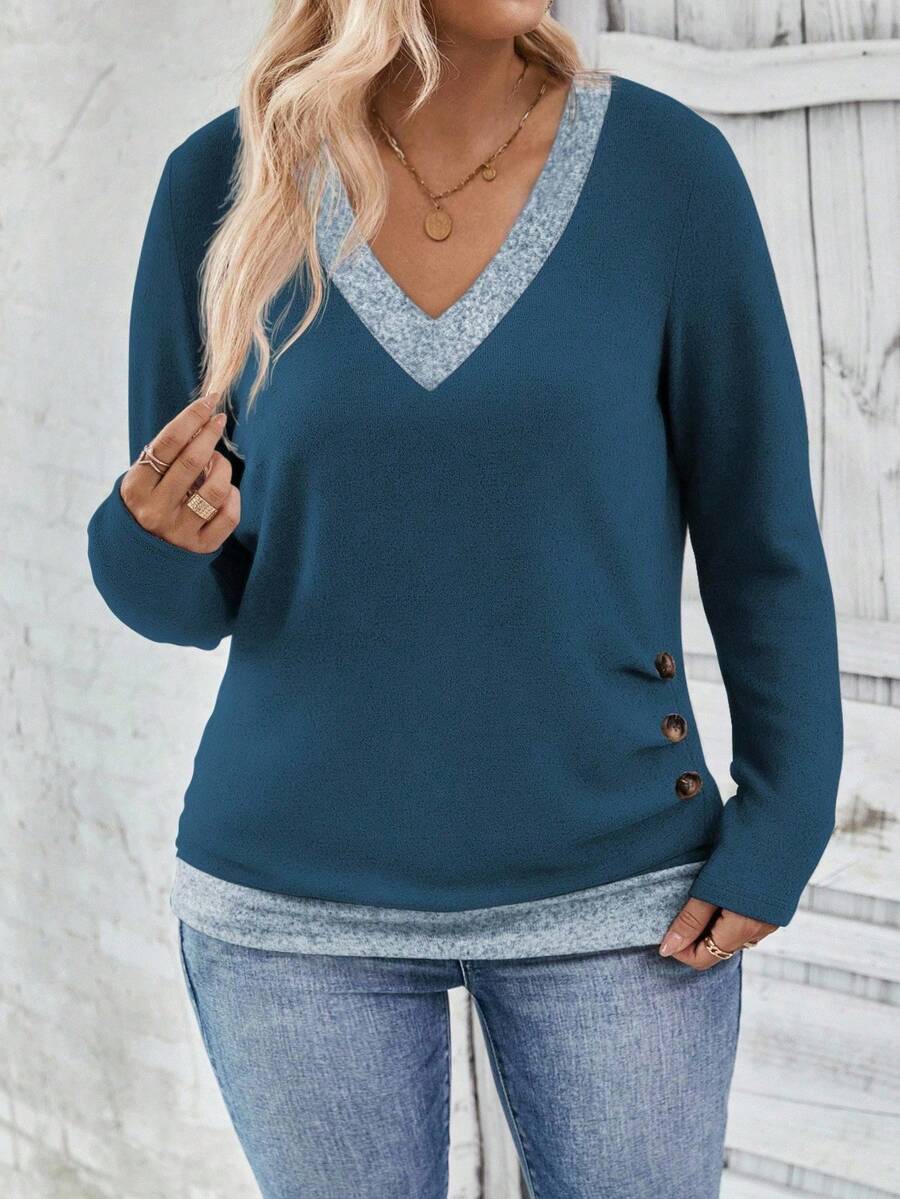 Ženska ležerna majica dugih rukava plus size sa ukrasnim dugmićima i kontrastnim rubom
