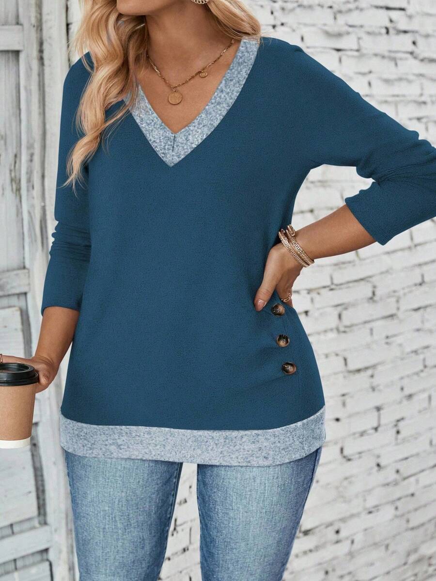 Ženska ležerna majica dugih rukava plus size sa ukrasnim dugmićima i kontrastnim rubom
