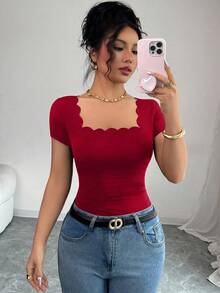 Selianne Summer New Versatile Black Wavy Hem Square Neck Short Sleeve Side Ruched Women T-Shirt