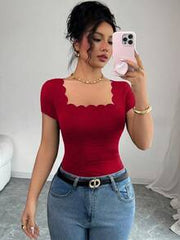 Selianne Summer New Versatile Black Wavy Hem Square Neck Short Sleeve Side Ruched Women T-Shirt