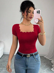 Selianne Summer New Versatile Black Wavy Hem Square Neck Short Sleeve Side Ruched Women T-Shirt