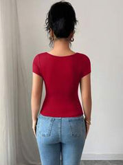 Selianne Summer New Versatile Black Wavy Hem Square Neck Short Sleeve Side Ruched Women T-Shirt