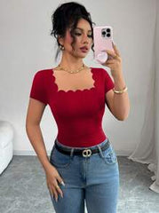 Selianne Summer New Versatile Black Wavy Hem Square Neck Short Sleeve Side Ruched Women T-Shirt