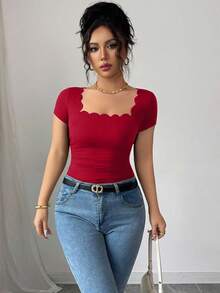 Selianne Summer New Versatile Black Wavy Hem Square Neck Short Sleeve Side Ruched Women T-Shirt
