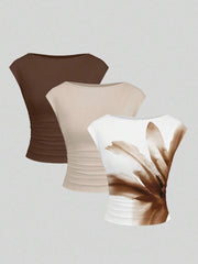 Sweetra 3pcs/Set Sexy Backless Breathable Moisture-Wicking Fitted Women Short Sleeve Top/T-Shirt