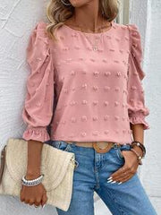 EMERY ROSE Women's Solid Color Round Neck Puff Sleeve Fashionable Loose Blouse