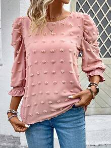 EMERY ROSE Women's Solid Color Round Neck Puff Sleeve Fashionable Loose Blouse