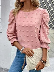 EMERY ROSE Women's Solid Color Round Neck Puff Sleeve Fashionable Loose Blouse