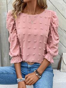 EMERY ROSE Women's Solid Color Round Neck Puff Sleeve Fashionable Loose Blouse