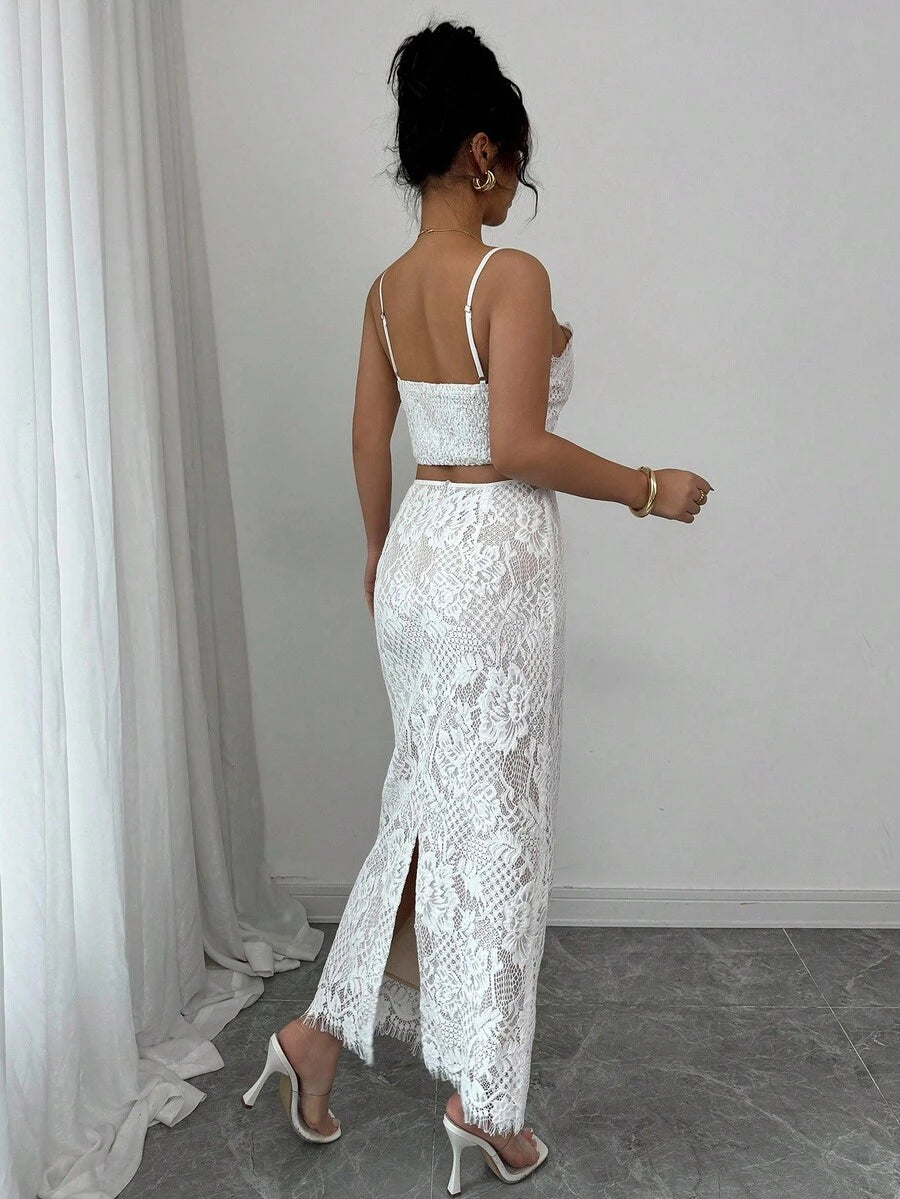 Set Ženski beli čipkani top sa bretelama i suknja, letnji elegantni zavodljivi party outfit