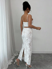 Set Ženski beli čipkani top sa bretelama i suknja, letnji elegantni zavodljivi party outfit