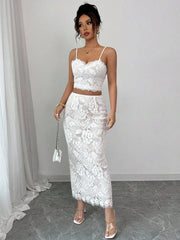 Set Ženski beli čipkani top sa bretelama i suknja, letnji elegantni zavodljivi party outfit