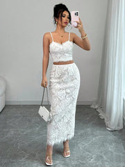 Set Ženski beli čipkani top sa bretelama i suknja, letnji elegantni zavodljivi party outfit