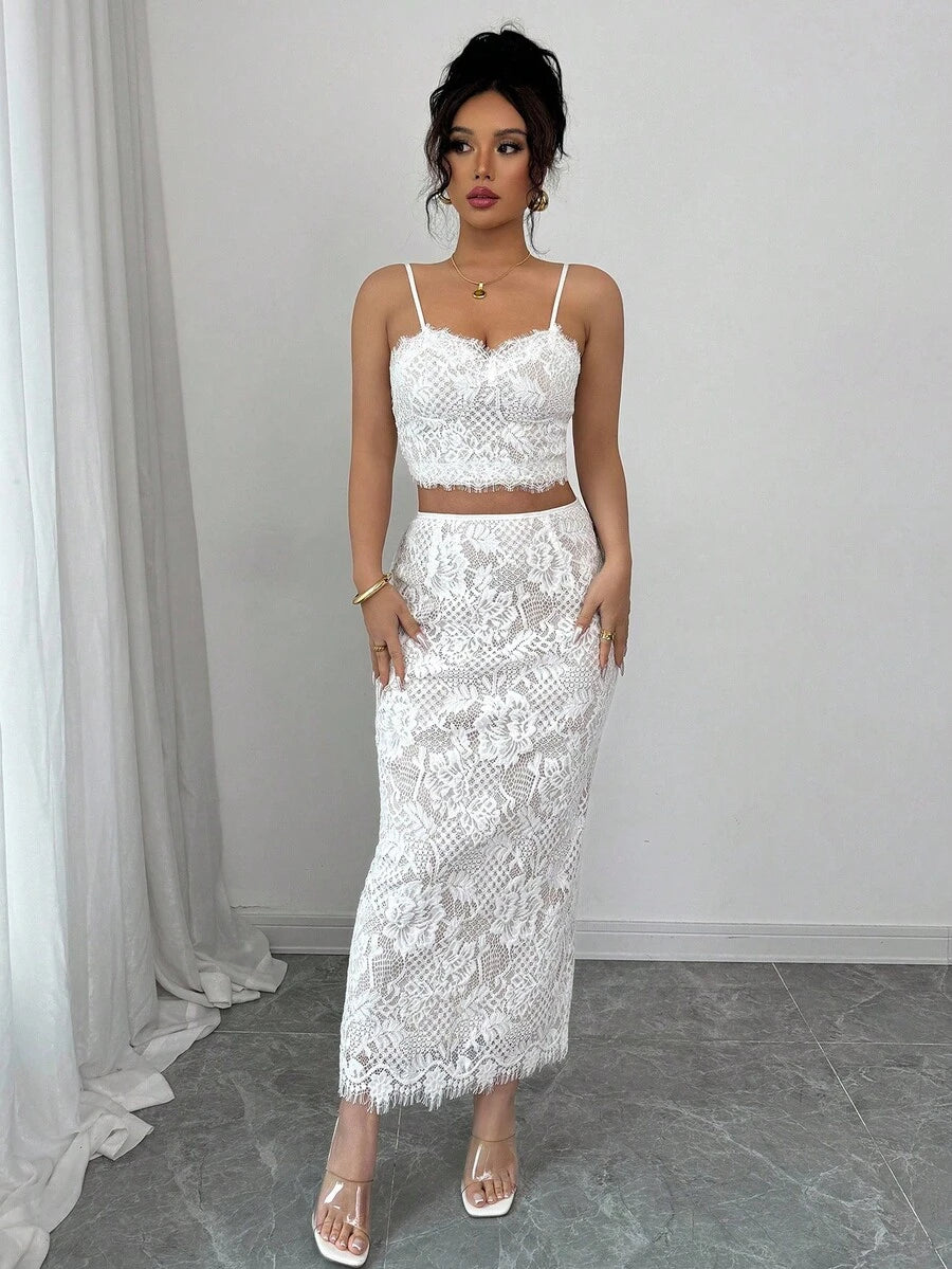 Set Ženski beli čipkani top sa bretelama i suknja, letnji elegantni zavodljivi party outfit