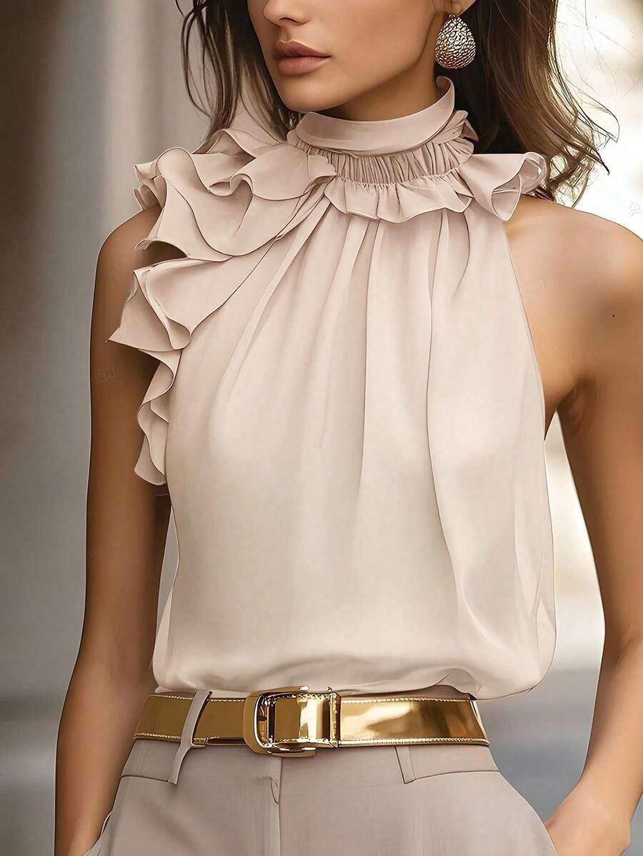 Balvessa Women's Elegant Camel Halter Top With Ruffle Detail And Sleeveless Design