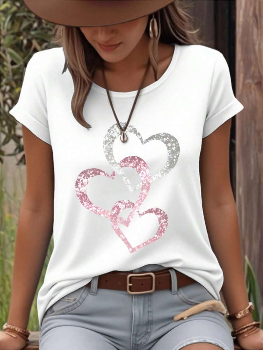 EMERY ROSE Women's Heart Pattern Printed Round Neck Short Sleeve Casual T-Shirt