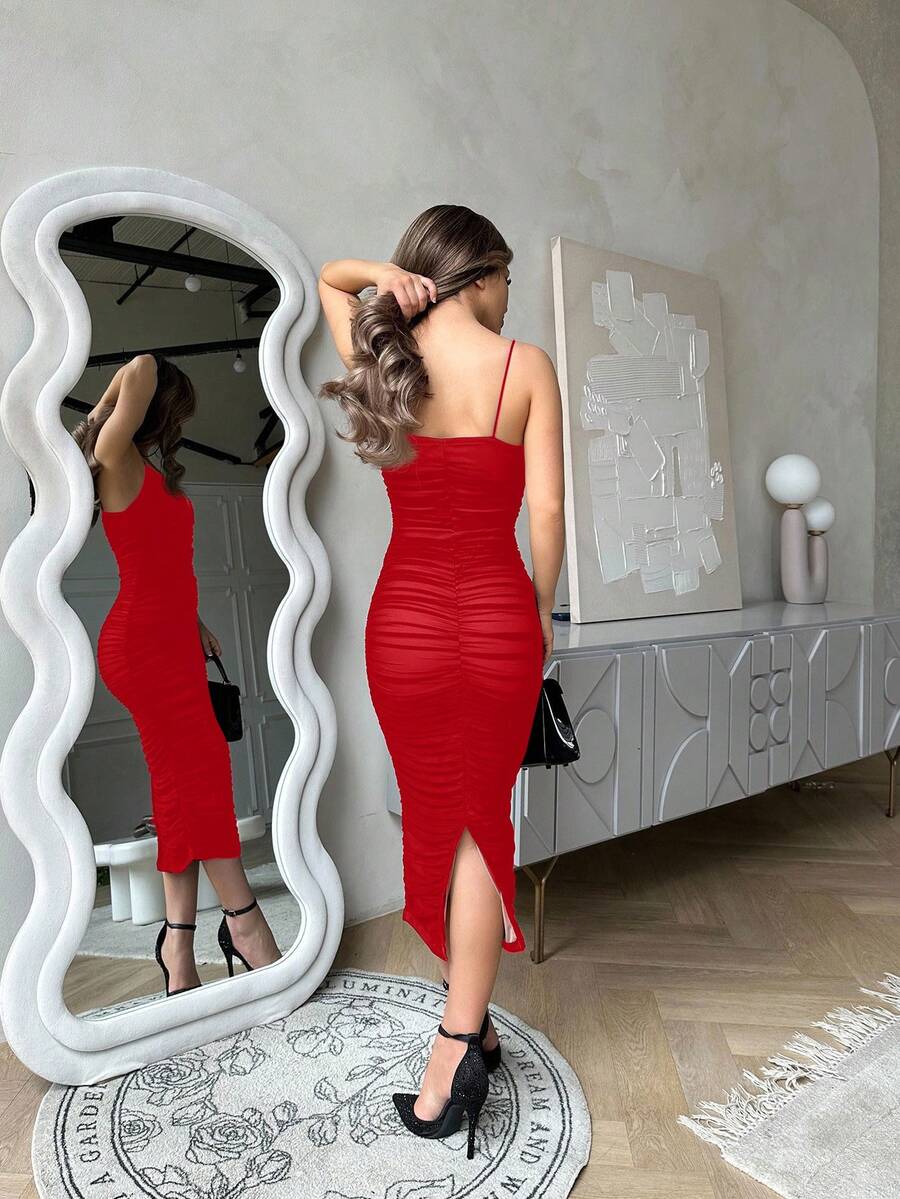 Ženska Svečana Haljina – Nabran Slip Model od Mrežaste Tkanine