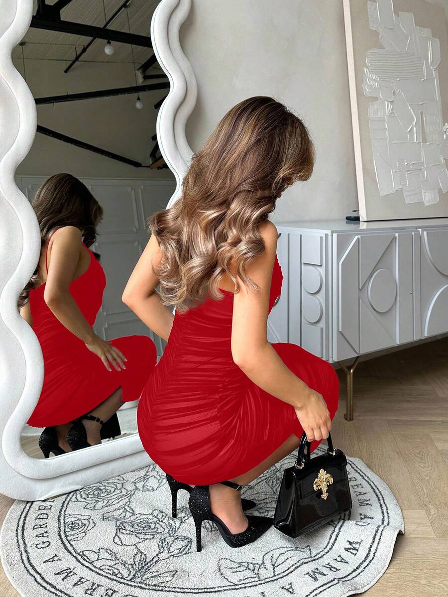 Ženska Svečana Haljina – Nabran Slip Model od Mrežaste Tkanine
