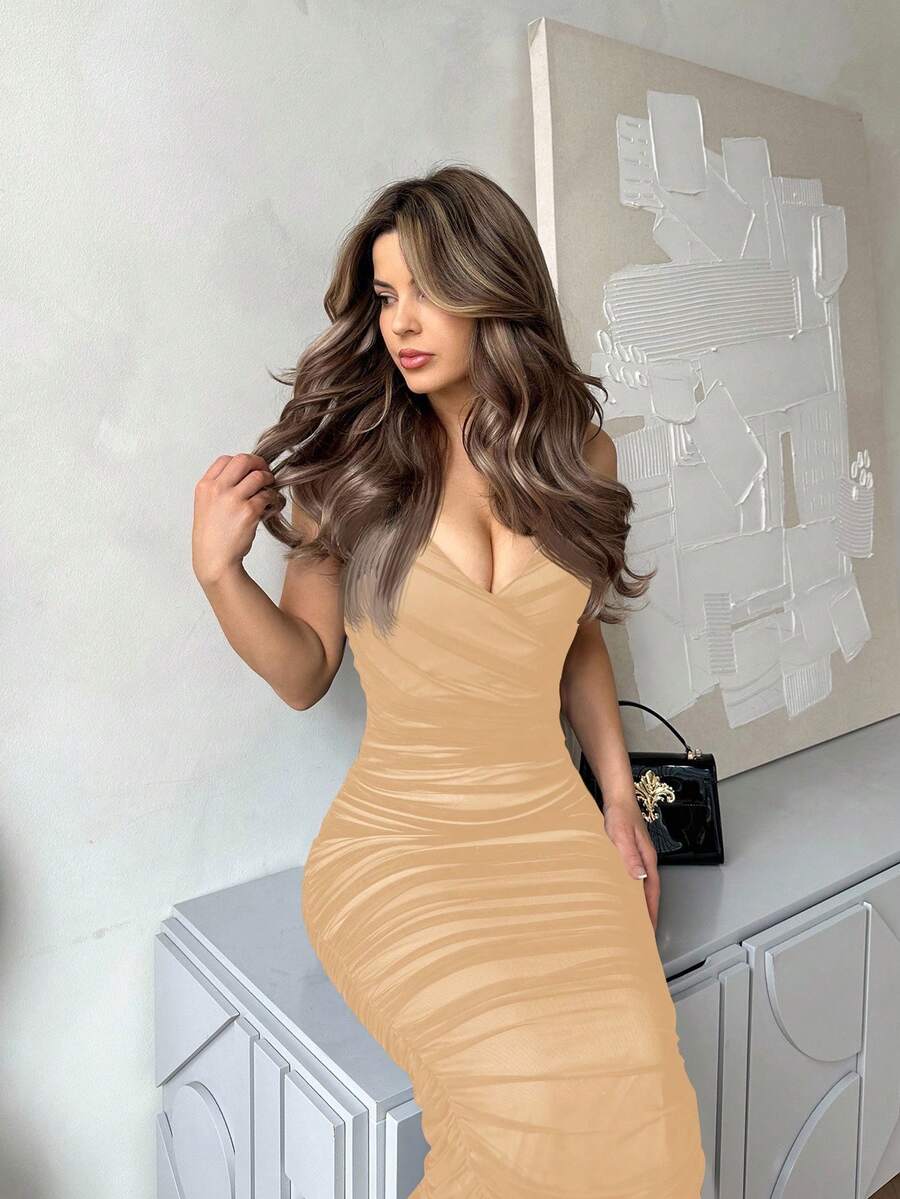 Ženska Svečana Haljina – Nabran Slip Model od Mrežaste Tkanine
