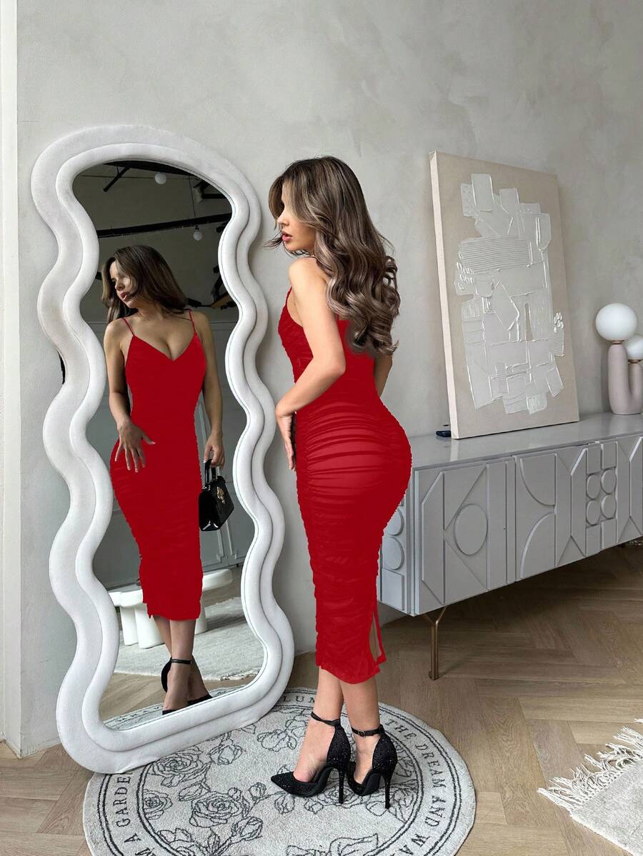 Ženska Svečana Haljina – Nabran Slip Model od Mrežaste Tkanine