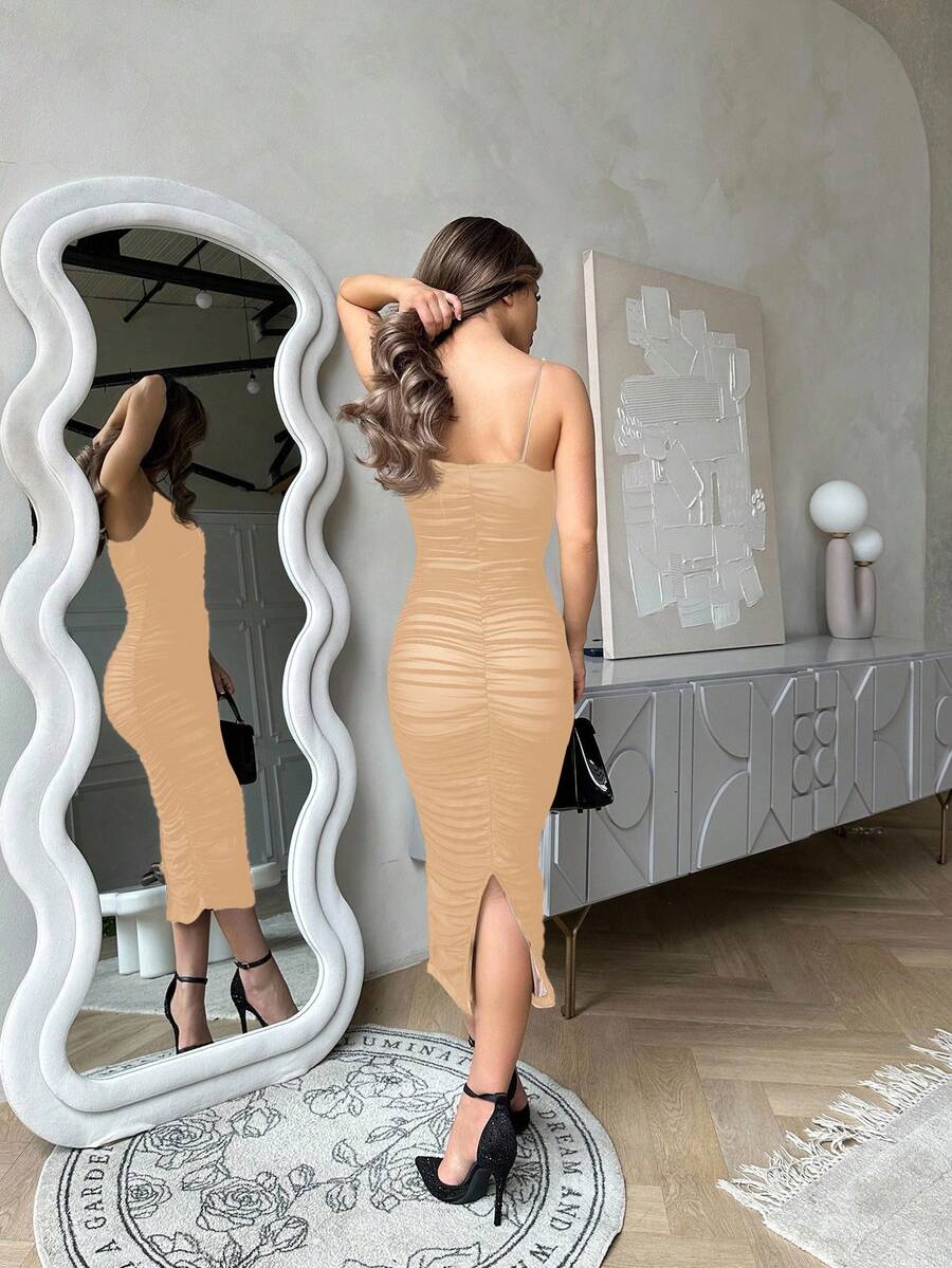 Ženska Svečana Haljina – Nabran Slip Model od Mrežaste Tkanine
