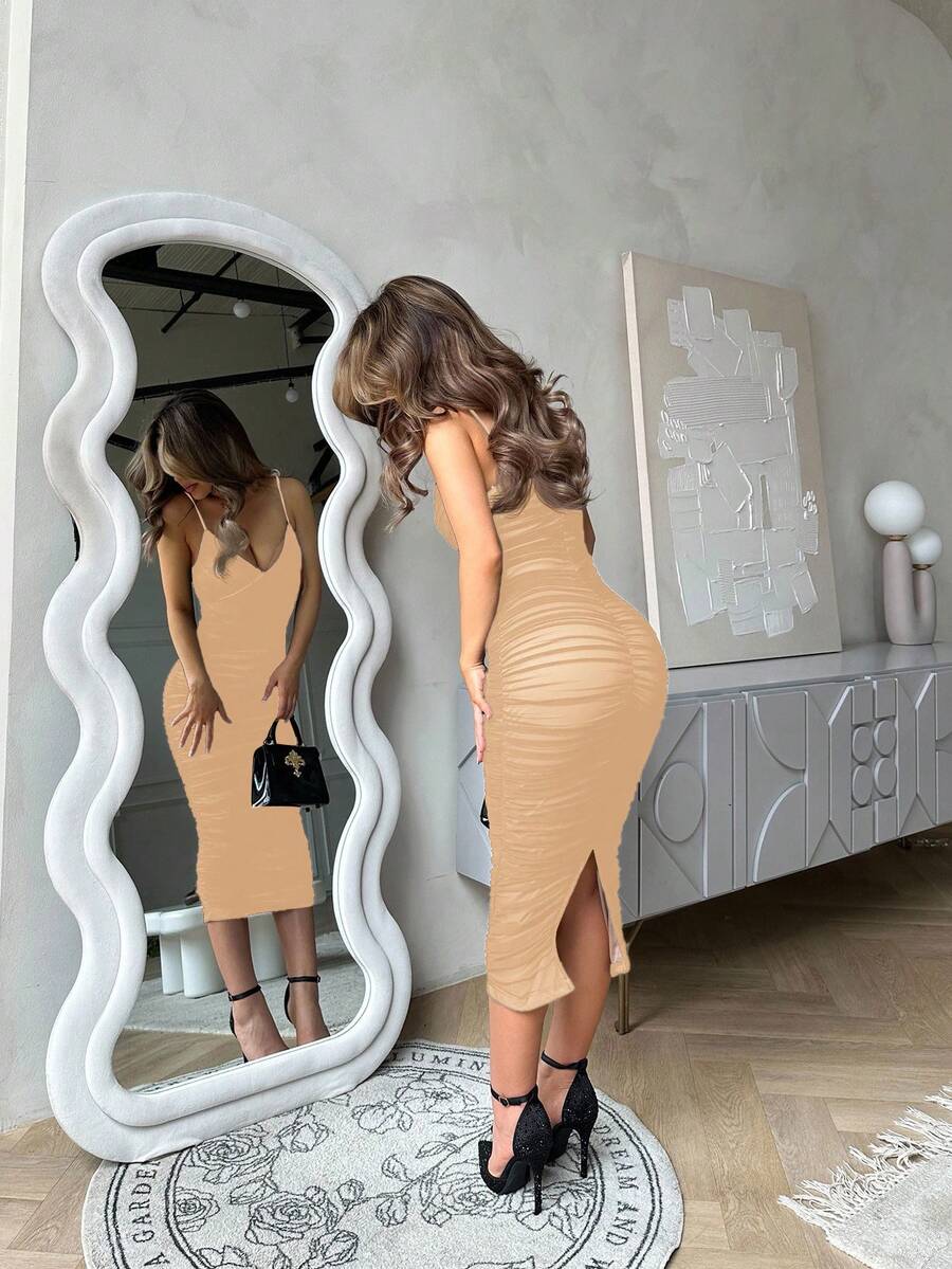 Ženska Svečana Haljina – Nabran Slip Model od Mrežaste Tkanine